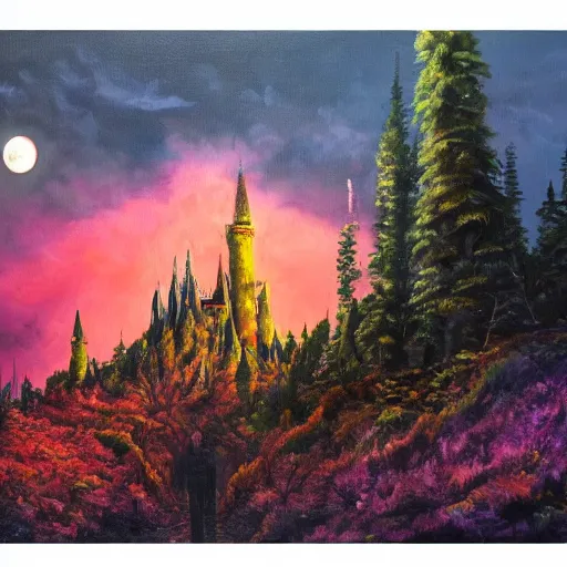 Prompt: detailed dystopic oil painting illustration of steep long zig - zag path to an evil sharp fantasy cinderella castle over a high dark blue hill, orange to pink gradient sky and thunderstorm background. forest underneath. full moon