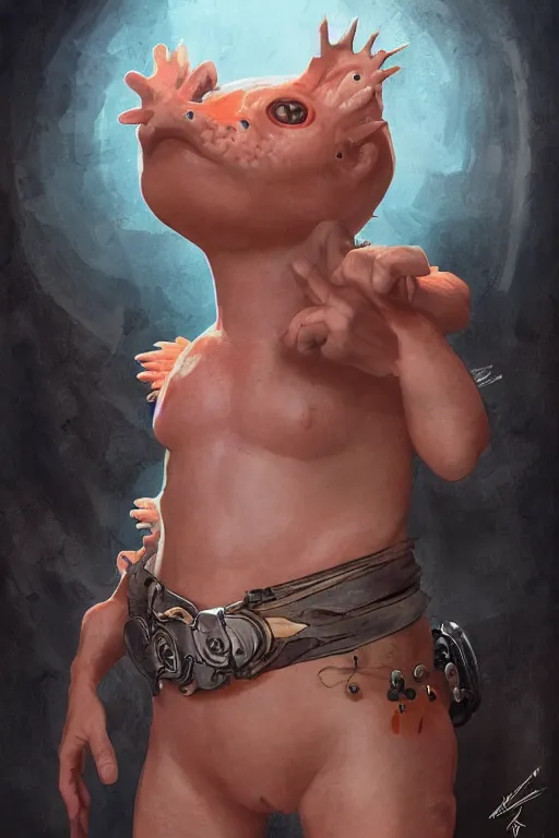 Image similar to portrait of the axolotl puppet bestower wearing deformable belt by artgerm and Craig Mullins, James Jean, Andrey Ryabovichev, Mark Simonetti and Peter Morbacher 16k