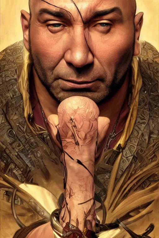 Image similar to dave bautista as frank reynolds, masterpiece, intricate, elegant, highly detailed, digital painting, artstation, concept art, smooth, sharp focus, illustration, art by artgerm and greg rutkowski and alphonse mucha and uang guangjian and gil elvgren and sachin teng, symmetry!!