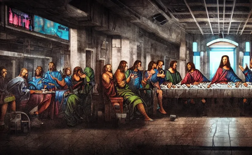 Prompt: the last supper cyberpunk style shot atmospheric