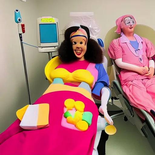 Image similar to photo of a happy patient and doctor or nurse in a hospital room made out of soft candy, candy hospital equipment, candy hospital room, candy treatments, oompa loompa virus, willy wonka pandemic