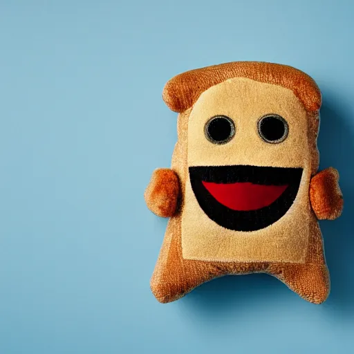 Image similar to a plush toy doll of a smiling piece of toast, photo, leica