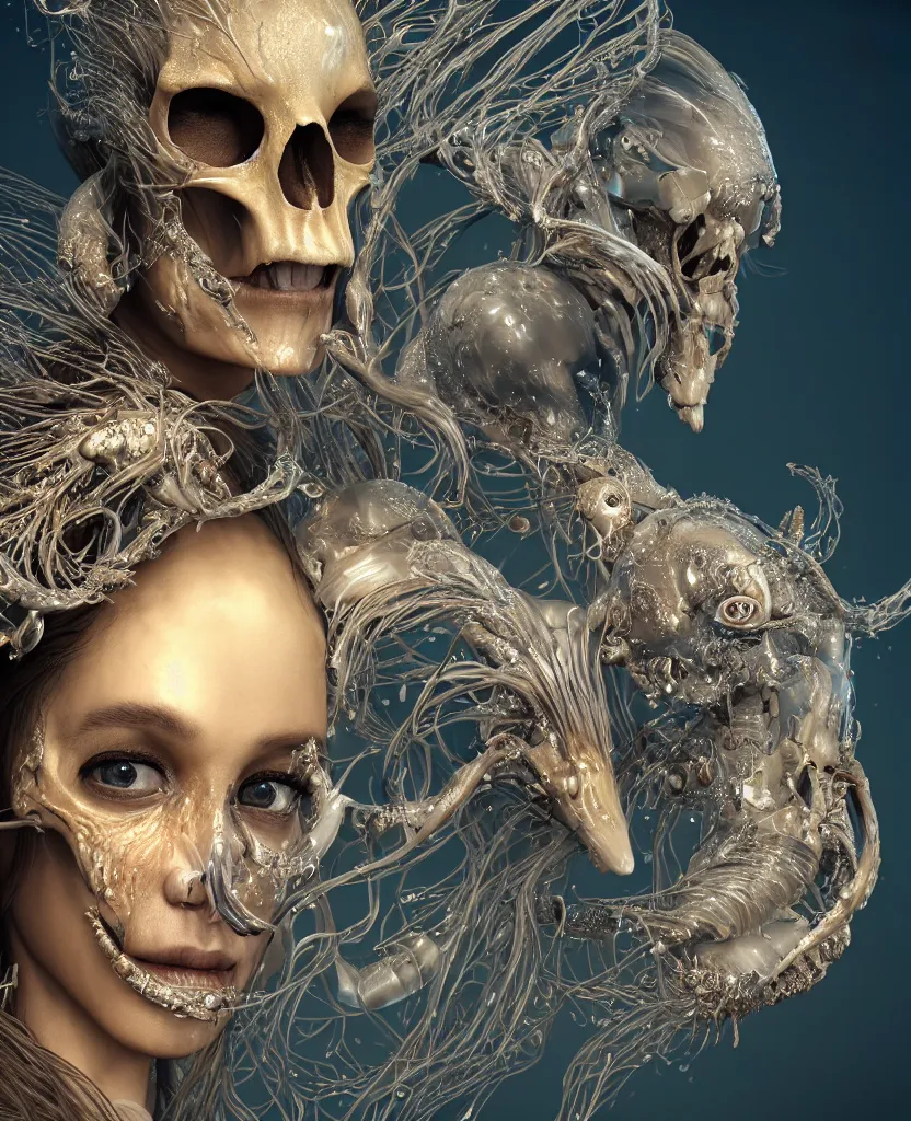 Image similar to close-up macro portrait of the face of a beautiful princess with animal skull mask, epic angle and pose, symmetrical artwork, 3d with depth of field, blurred background, cybernetic jellyfish female face skull phoenix bird, translucent, nautilus, energy flows of water and fire. a highly detailed epic cinematic concept art CG render. made in Maya, Blender and Photoshop, octane render, excellent composition, cinematic dystopian brutalist atmosphere, dynamic dramatic cinematic lighting, aesthetic, very inspirational, arthouse. y Greg Rutkowski, Ilya Kuvshinov, WLOP, Stanley Artgerm Lau, Ruan Jia and Fenghua Zhong