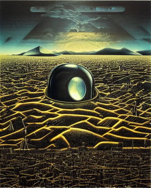 Image similar to a surrealist techno landscape made of synthesizer textures and parts, Jean-michel Jarre Oxygene, 1979, surrealist, photorealistic painting, highly detailed, moody, psychedelic, rule of thirds, golden ratio, 6:3:1