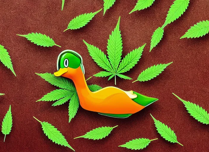 Image similar to !dream duck, marijuana leaves, duck surrounded by weed leaves