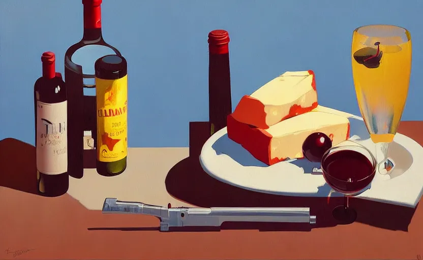 Image similar to beautiful still life featuring tillamook cheese, and red wine and a gun, very coherent, painted by Edward Hopper, painted by James Gilleard, airbrush, art by JamesJean