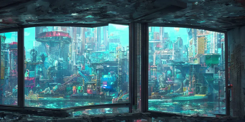 Prompt: view through window, an underwater cyberpunk city, very detailed, very colorful, vibrant, 8 k, photorealistic, octane render