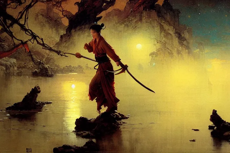 Image similar to wuxia, moon, river, night, painting by gaston bussiere, craig mullins, j. c. leyendecker