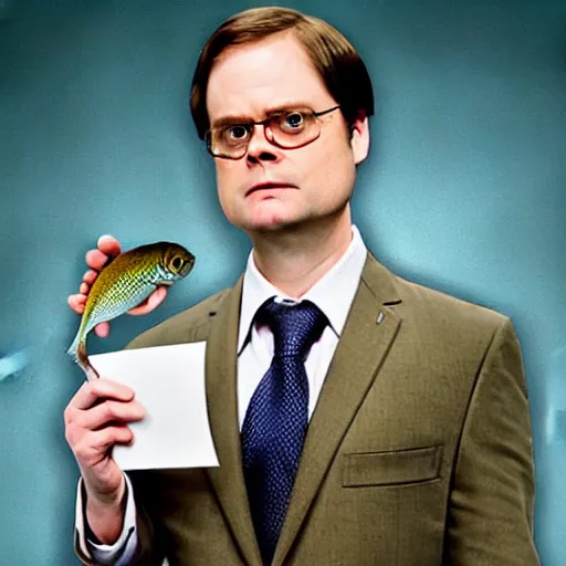 Image similar to proud dwight schrute holding a tiny piece of paper and a fish above his head by rubins