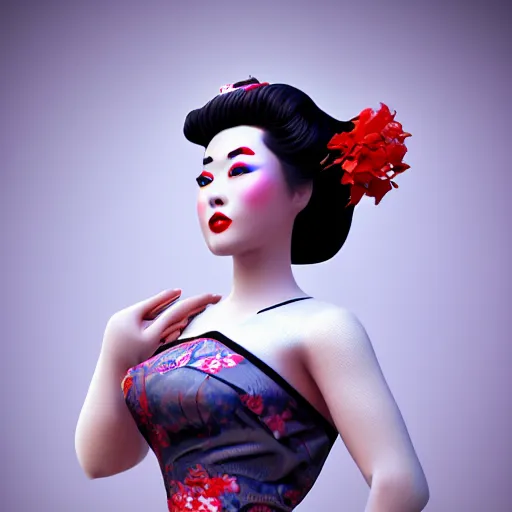 Image similar to pinup geisha, full body, goddess, cinematic lighting, beautiful face, horror, ultra detail, ultra realistic, photo realistic, octane render,