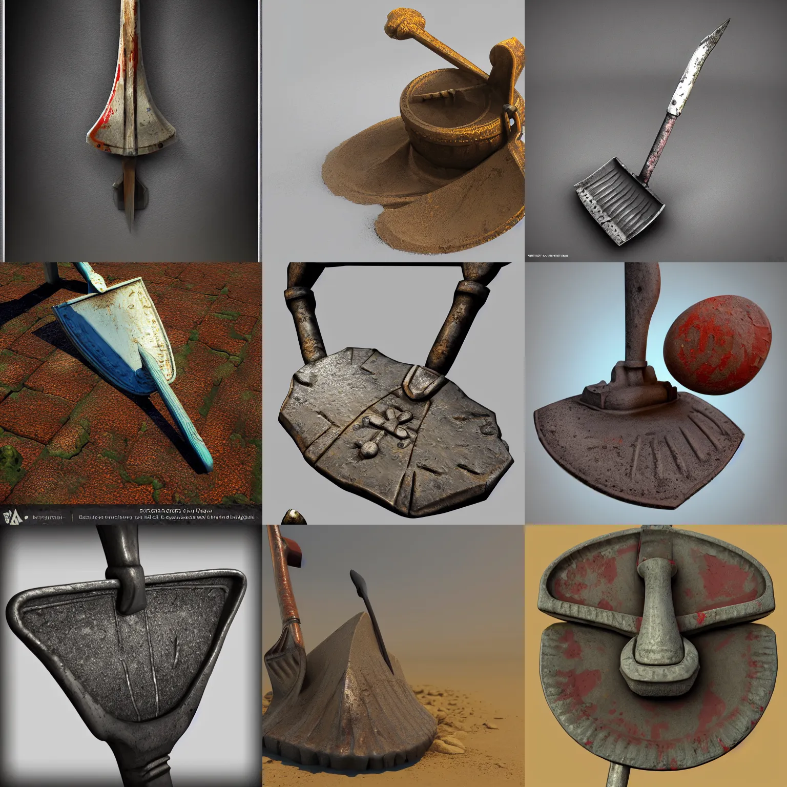 Prompt: a highly detailed 3D shovel game object with handpainted textures, centered, inventory item, key has rim lights, vray render with caustics, very detailed, trending on artstation