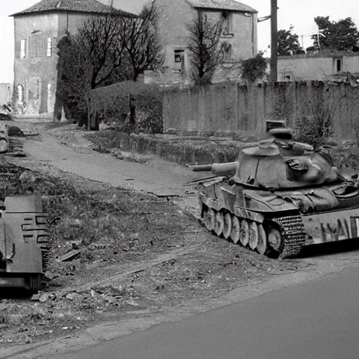 Image similar to small french village bombed out, Nazi Tiger 1s driving into the town, black and white, film grain,
