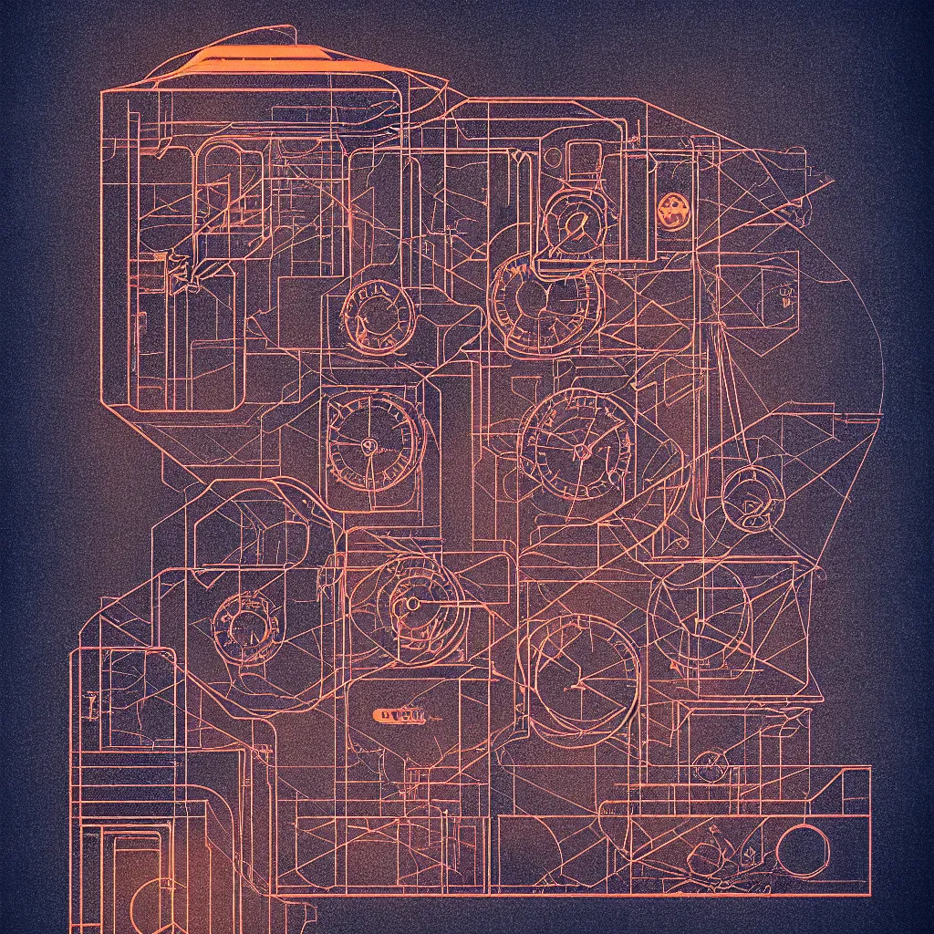 Image similar to time machine blueprint by, mads berg, karolis strautniekas, film noir, stippled light, dramatic lighting, editorial illustration, detailed, fine texture, matte print, art deco, brutalism, dark blue + dark orange, red, black, ( ( habitat 6 7 background ) )