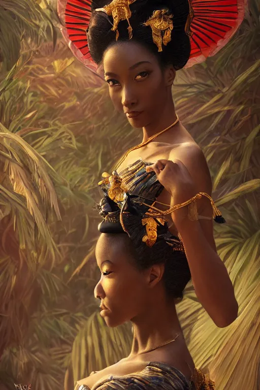 Prompt: stunningly beautiful, nubian geisha prima ballerina in jungle, symmetrical face, golden hour, smooth, focus, highly detailed, hyper realistic, dramatic lighting, elegant, intricate, concept art, art by wlop, mars ravelo, greg rutowski, artstation