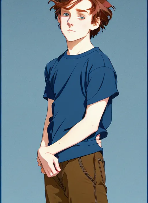 Image similar to art nouveau portrait of a teen boy with completely straight auburn hair, light blue eyes, pale skin, freckles, sad expression, t - shirt, modern casual clothing, natural lighting, path traced, highly detailed, high quality, cartoon, digital painting, by don bluth and ross tran and studio ghibli and alphonse mucha