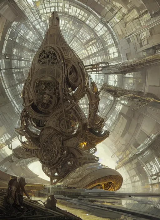 Prompt: epic concept illustration | highly detailed | intricate mechanical design | star fleet nautilus ship being prepared for launch | by greg rutkowski and alphonse mucha. uhd | amazing depth | cinematic lighting