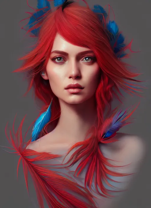 Prompt: portrait of female, aquamarine and red feathers, intricate, elegant, highly detailed, digital painting, artstation, concept art, smooth, sharp focus, illustration