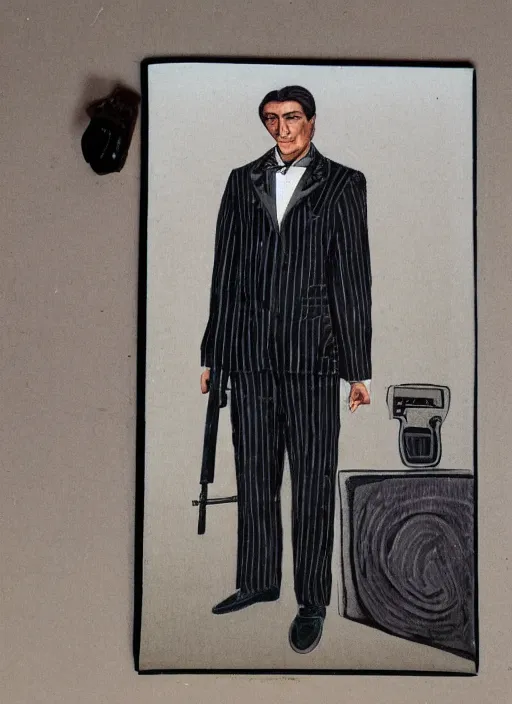 Prompt: a man in a pinstripe suit holding a gun