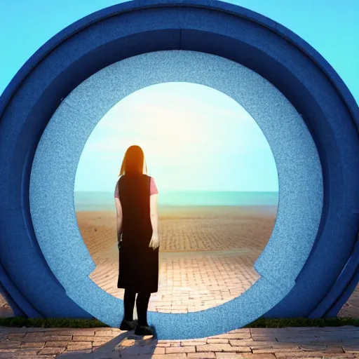 Image similar to a woman facing an portal on the street. the street leads dozen a city. the portal is oval, upright and surrounded by blue energy. the portal leads to a beach at sunset