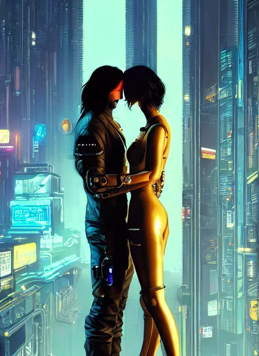 Prompt: a cyberpunk 2077 couple portrait of Keanu Reeves & female android final kiss in the night city,love,by Laurie Greasley,Lawrence Alma-Tadema,Dan Mumford,artstation,deviantart,FAN ART,Digital painting,face enhance,highly detailed,8K,octane,golden ratio,cinematic lighting