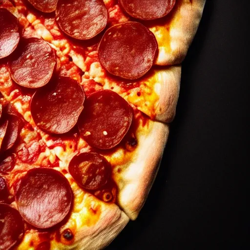 Image similar to a macro photo of a slice of pizza, cheese and pepperoni, hyper realistic, hyper detailed, 35mm, very grainy film, volumetric studio lighting, bokeh, black background award winning shot, vogue magazine, cinematic, 8k, very closeup, elegant, tender, pastel