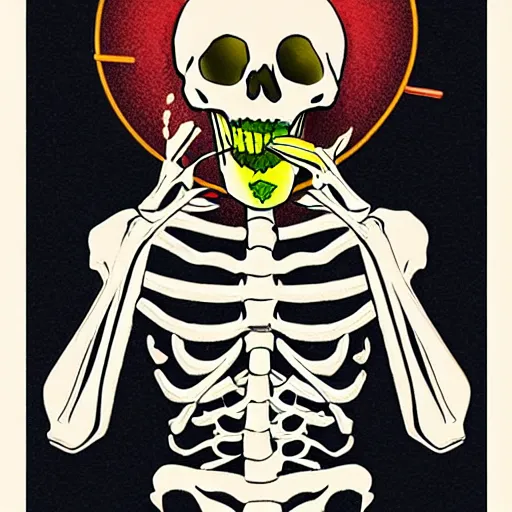 Image similar to skeleton drinking a lemonade, lemonade spilling from its tummy