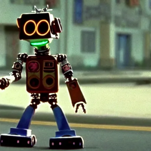 Image similar to robot Johnny 5 in Short Circuit 1986, cinematic still by Nick McLean