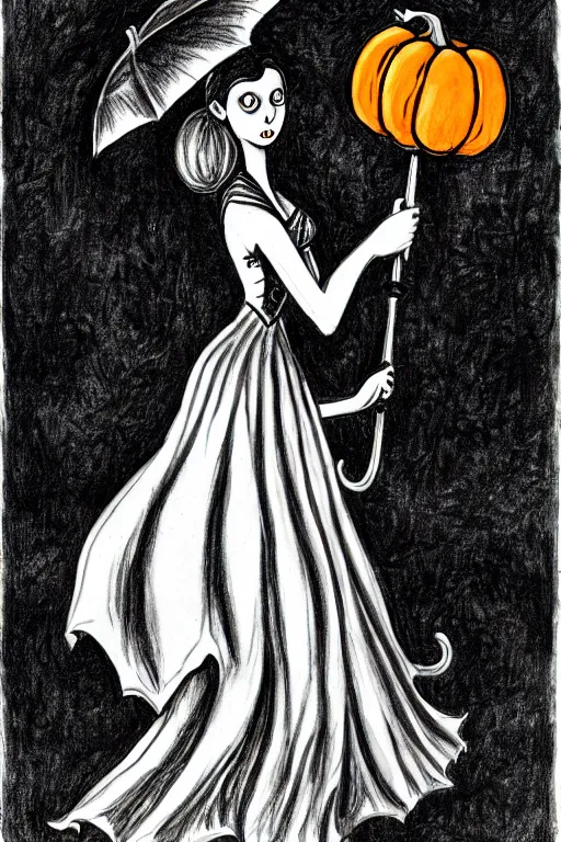 Image similar to black and white ink drawing of a beautiful woman in short gothic dress holding an umbrella next to a pumpkin by tim burton and edward gory