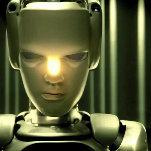 Image similar to movie scene of a man with a robot head, movie still, acting, cinematic composition, cinematic lighting, Movie by David Lynch and Andrzej Żuławski