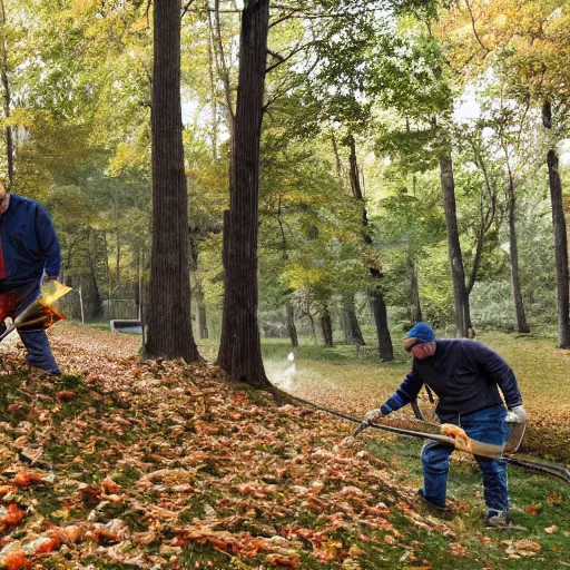 Image similar to men with leaf blowers fighting the falling leaves in a forest