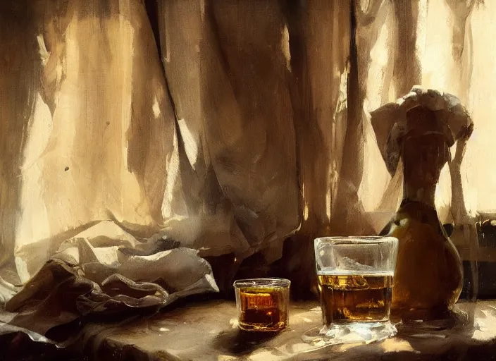 Image similar to oil painting of whiskey bottle, barley grain, art by anders zorn, wonderful masterpiece by greg rutkowski, beautiful cinematic light, american romanticism by greg manchess, creation by tyler edlin, folds of fabric, tablecloth, curtains