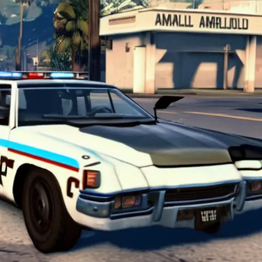 Image similar to GTA V arnold schwarzenegger screenshot stealing a cop car