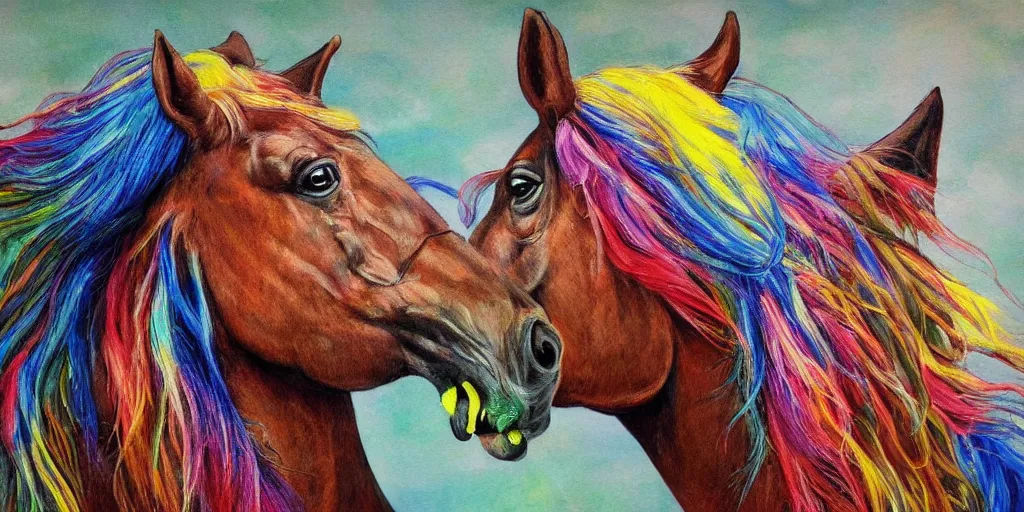 Prompt: a horse with a human head hyper realistic, colorful