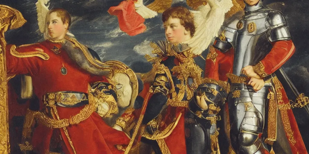 Prompt: painting of prince william, duke of cambridge wearing knight's armor with heavenly angels surrounding him