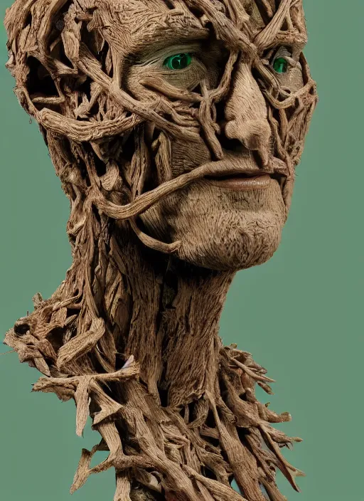 Prompt: a bust sculpture of anatomical detailed tree golem, woody harrelson, wood, green leaves, become human, ceramic base, orthographic, studio lighting