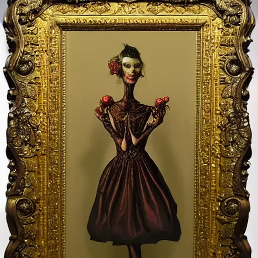 Prompt: mark ryden, curiosities carnival, soft paint of a single beautiful female full very tight long metallic suit ornate, symmetry accurate features, focus, very intricate ultrafine details, award winning masterpiece