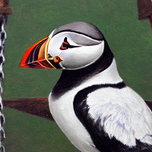 Prompt: realistic puffin sitting on a swing, hyper detailed, trending on artstation