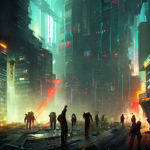 Image similar to angry cyberpunk rioters, detailed digital illustration by greg rutkowski, android netrunner