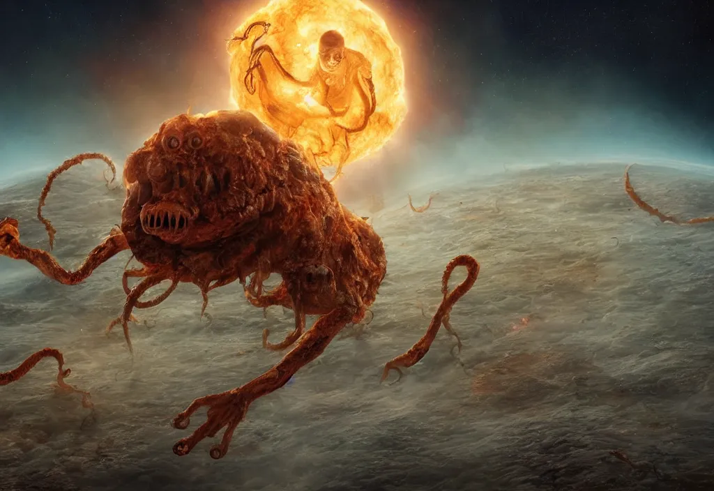 Image similar to eldritch horror bloody garfield in space, hd, 8 k, giant, epic, realistic photo, unreal engine, stars, prophecy, powerful, cinematic lighting, destroyed planet, debris, violent, sinister, ray tracing, dynamic, epic composition, dark, horrific, teeth, grotesque, monochrome drawing, hellscape, death, corpses