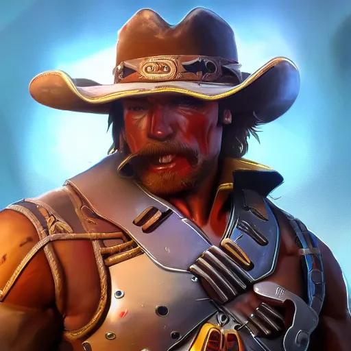 Image similar to a screenshot of arnold schwarzenegger as mccree in overwatch, portrait, fantasy, beautiful face, vivid colors, elegant, concept art, sharp focus, digital art, hyper - realistic, 4 k, unreal engine, highly detailed, hd, dramatic lighting by brom, trending on artstation