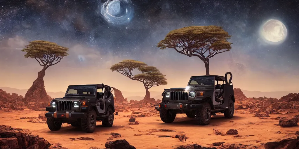 Image similar to mahindra thar at moonlit socotra island with dragon trees, starry night, sharp focus, wide shot, trending on ArtStation, masterpiece, by Greg Rutkowski, by Ross Tran, by Fenghua Zhong, octane, soft render, ultrarealistic, colorful, cinematic, shadow of the tomb rider