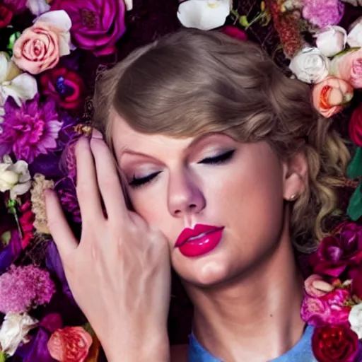 Prompt: Taylor Swift resting inside a coffin, movie scene, closed eyes, flowers,