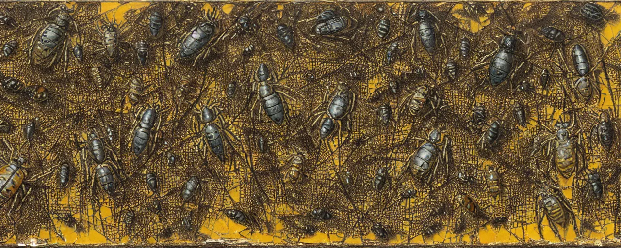 Image similar to strange giant insects, beetles, spiders and flies, swarming in a cornfield, oil painting by max ernst and anselm kiefer, decay, mixed media, textured, sharp focus, highly detailed, photographic emulsion cracked and peeling, rust, cinematic lighting, 8 k, hd