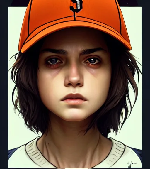 Image similar to symmetry ( clementine from the walking dead wearing her iconic baseball ( letter d ) hat portrait ) ultra detailed, intricate, anime, dynamic lighting, digital art, digital painting, art station, wlop, sharp focus, illustration, art by artgerm and greg rutkowski and alphonse mucha