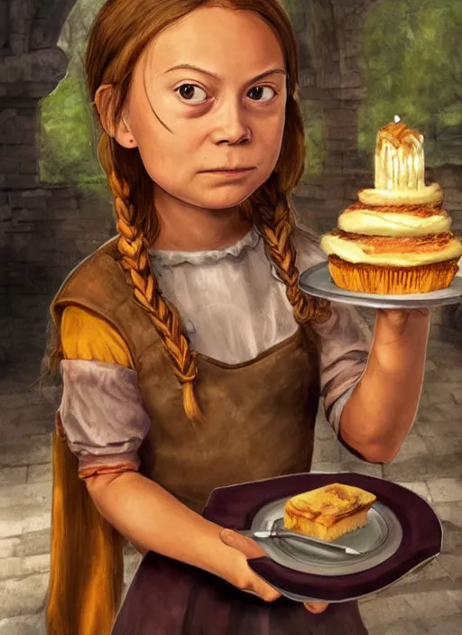 Prompt: greta thunberg as a medieval goblin eating cakes. detailed digital art, trending on Artstation