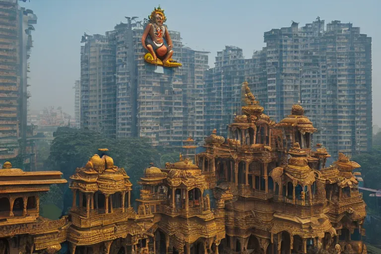 Image similar to dreamscape! mumbai with biomorphic hanuman!! head building, kalighat, sharp hyperrealistic cinematic smooth, stephen shore & john j. park, soft morning light, wide shot, high angle, uhd 8 k, deep focus