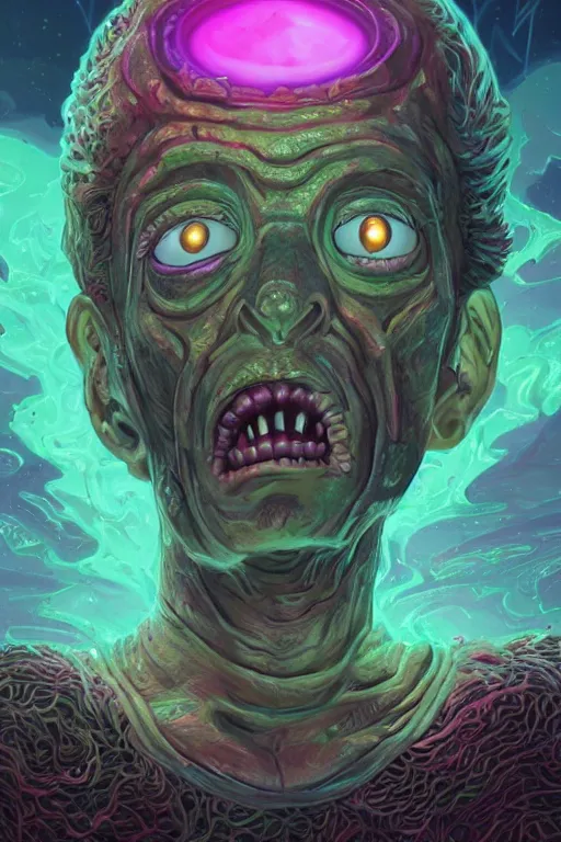 Image similar to rick and morty fused with a lovecraft space zombie, photo, portrait, 3d, high details, intricate details, by vincent di fate, artgerm julie bell beeple, 90s, Smooth gradients, octane render, 8k, volumetric lightning, High contrast, duo tone, depth of field, very coherent symmetrical artwork