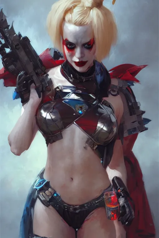 Image similar to portrait of Harley Quinn in bikini armor, dc comics, cyberpunk, Warhammer 40000, dark fantasy, digital art from artstation by Ruan Jia and Mandy Jurgens and Artgerm and william-adolphe bouguereau