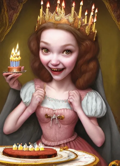 Image similar to highly detailed closeup portrait of a grinning fairytale medieval princess eating birthday cake, unreal engine, nicoletta ceccoli, mark ryden, lostfish, earl norem, global illumination, god rays, detailed and intricate environment