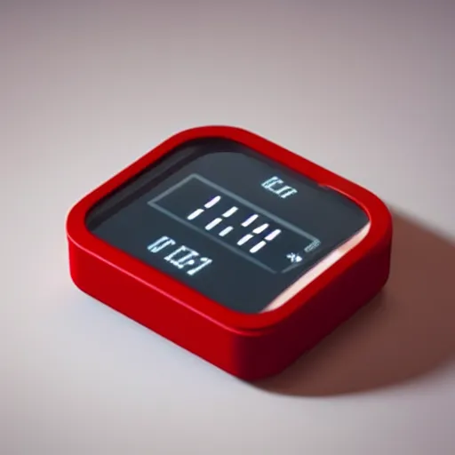 Image similar to Very tiny red alarm clock that looks like the iOS emoji and has the same colors, 3D clay render, 4k UHD, white background, isometric top down left view, diffuse lighting, zoomed out very far